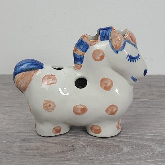 M A Hadley Pottery Horse Flower Frog Holder Blue Brown Stripes Spotted - Picture 2 of 7